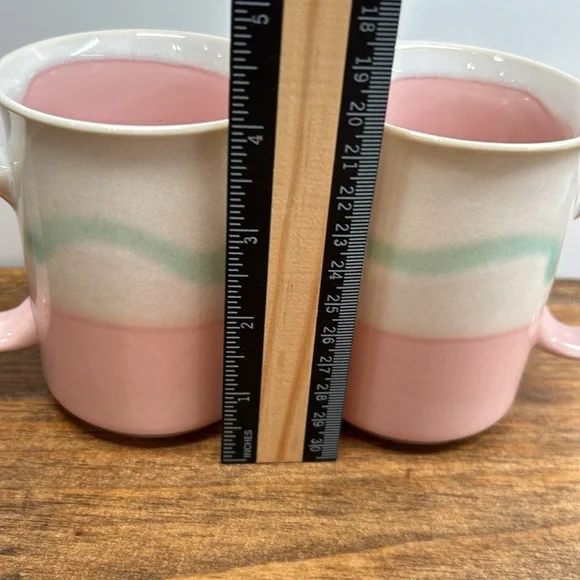 Vintage 80’s Stoneware Mugs Set Of Two Pink Mint Green & Cream In Colour - Picture 6 of 11